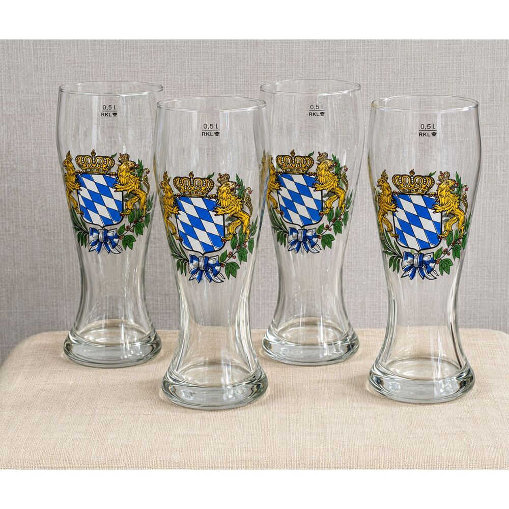Vintage German Bavarian Crest Beer Glasses Set of 4 0.5L Pilsner Oktoberfest 9"
